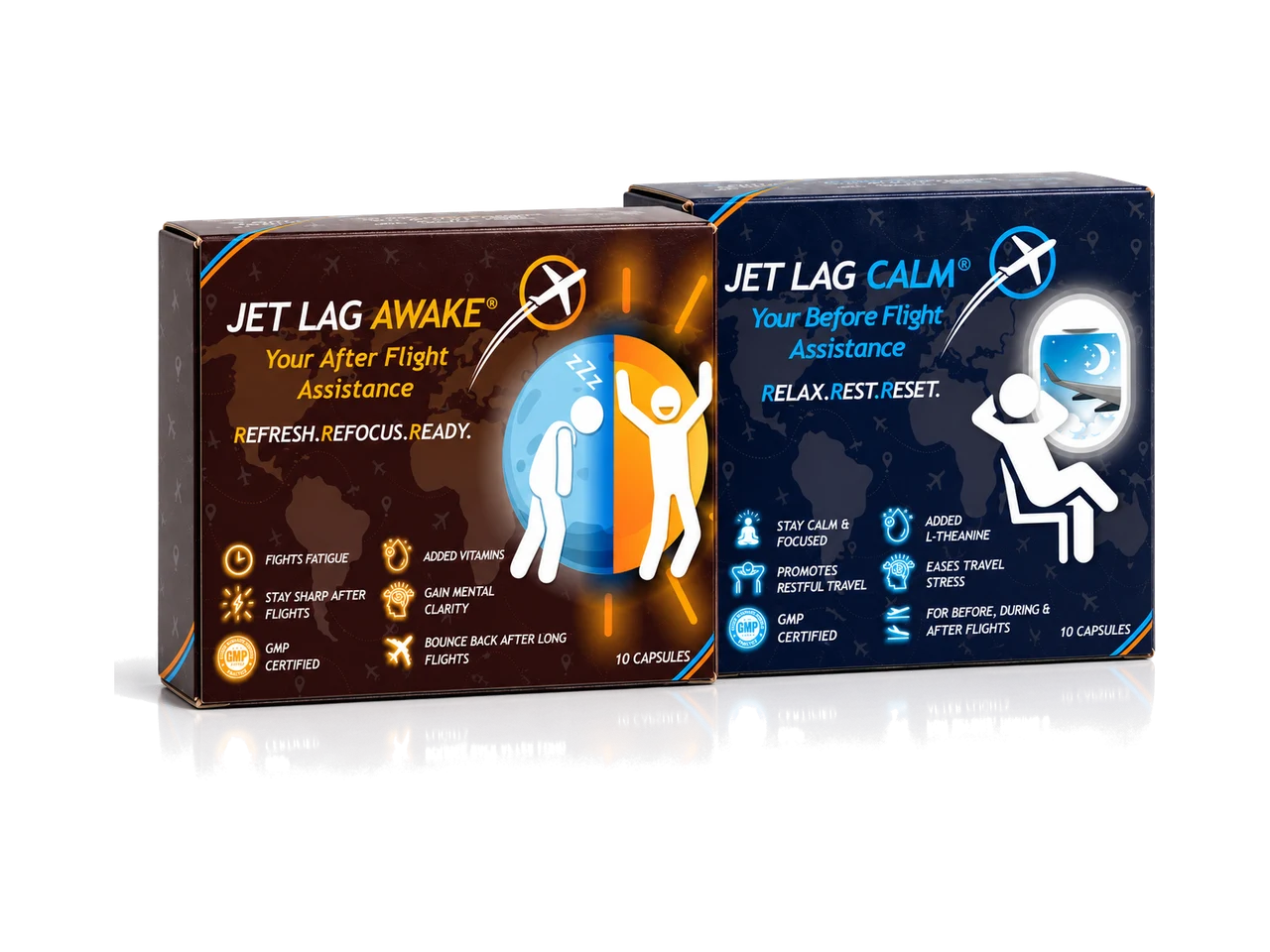 Jet Lag Awake and Jet Lag Calm boxes together